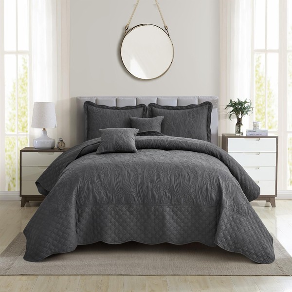 CHIXIN Botanical Oversized Bedspread King Size - Leaves Pattern Stitching