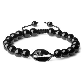 COAI Shell Charm Black Tourmaline Bracelet for Women, Black Stone Bracelet for Women