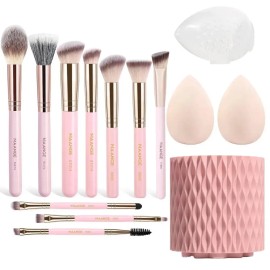 Brochas de Maquillaje Profesional 14 Piezas kit,Con 1 Soporte Para Brochas De Maquillaje,3 Puff Set Y 10 Piezas Brochas, Kit de Accesorios Esenciales,