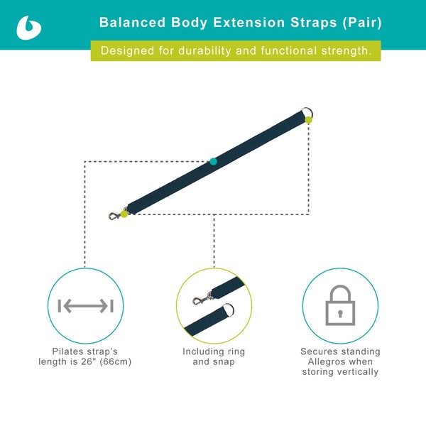 Balanced Body Extension Straps, Lengthening Belt with Strong D-Ring and Snap Hook, Accessories for Pilates Reformer, Pair