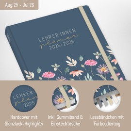 Häfft® Teacher Planner 2025/2026 A5+ "Flying Flowers" Hardcover Teacher's Calendar, School Year Planner, School Planner with Sayings, Stickers and More - Sustainable & Climate Friendly