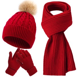 Geyoga 3 Pieces Winter Beanie Hat Scarf Touch Screen Warm Gloves Set Knit Skull Cap for Men and Women (Claret,Classic Style)