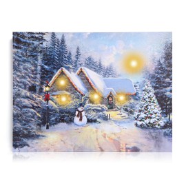NIKKY HOME Christmas Canvas Wall Art 16" x 12" - Lighted Up Snowman in the Snow Canvas Print LED Xmas Wall Art Prints for Holiday Decor