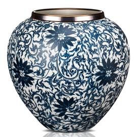 Mimorou Porcelain Blue and White Vases Ceramic Vintage Chinoiserie Floral Vase 8.27" H Terracotta Rustic Large Pottery Bud Chinese Flower Jardiniere for Home Office Decor Centerpieces(Chrysanthemum)