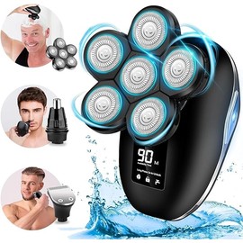 Electric Head Shaver for Bald Men, 6 in 1 Mens Electric Head Razor Bald Head Shaver Cordless Electric Razor Men, IPX7 Wet/Dry Waterproof Men's Rotary with Head Shavers Kit LED Display Silver