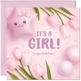 New Baby Card - It's a Girl - Baby Shower Girls Congratulations Card 145 x 145mm