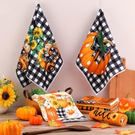 Windkream 6 Pieces Fall Kitchen Towels Pumpkin Dish Towels Thanksgiving Bathroom Hand Towels 21.26 x 14.17 Inches Buffalo Plaid Autumn Sunflower Tea Towels for Kitchen Bathroom Farmhouse Gifts Decor