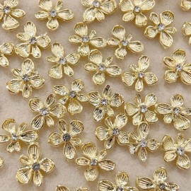 20pcs Gold Flower Nail Charms - 3D Rhinestone Alloy Floral Design Nail Accessories Sparkling Full Cover Nail Gems Gold Metal Flower DIY Charms Nail Jewelry with Rhinestone Design for Women