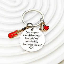 NYRWFQXG Guitar Keychain Gifts for Women Girls Christmas Birthday Gift for Guitarist Musician You Are Your Own Definition of Beautiful and Worthwhile Keyring for Guitar Lovers Player Gifts
