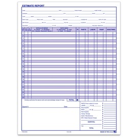 Generic Body Shop Repair Estimate Form - 20# White Paper Pad with Blue Ink Prints, Size 8-1/2"" x 11"" - Pack of 100
