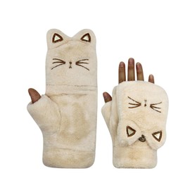 RARITYUS Women Girls Gloves Warm Soft Cute Cat Plush Convertible Flip Top Winter Fingerless Thick Mittens for Teen