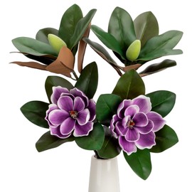 2PCS 33.5inch Artificial Magnolia Flowers with Green Magnolia Leaves and Fruit 3D Real Touch 2 Heads Long Stem Faux Magnolias Flower for Home Wedding Table Floral Arrangement Decoration (Purple)