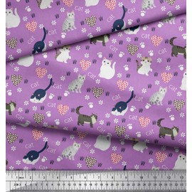 Soimoi Purple Cotton Canvas Fabric Heart,Footprint & Cat Animal Printed Craft Fabric BTY 42 Inch Wide