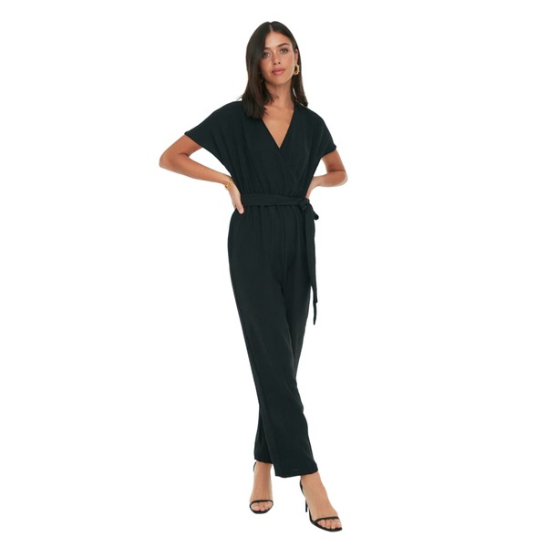 TRENDYOL Women's Belted Chest Collar Jumpsuit, black