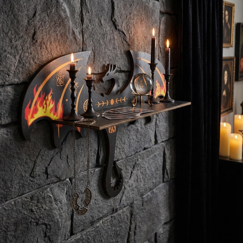 Gothic Evil Dragon Crystal Display Shelf for Wall, Wooden Trinket