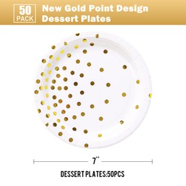 CENLBJ White and Gold Party Supplies, Gold Dot Paper Dessert Plates (50-Count) | CENLBJ