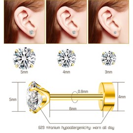 Artskin Titanium Cubuic Cubic Zirconia Stud Earrings for Women Men CZ Earring Stud Earrings Hypoallergenic Flat Back Earrings Silver Girls Earring Stud Set for Cartilage 3 mm - 5 mm, Titanium, Cubic
