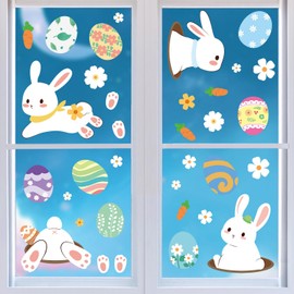 4 Sheets Easter Window Stickers Spring Window Decals Decorative Cute Bunny Eggs Carrot and Flower Design DIY Double-Sided Window Clings for Easter Home Kitchen Decor Accessories