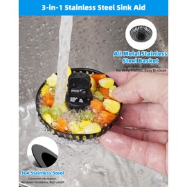 Hibbent 3 in 1 Kitchen Sink Drain Strainer and Stopper Combo, Stainless Steel Metal Pop Up Sink Stopper, SUS304 Anti-Clogging Basket Strainer with Handle for US Standard 3-1/2" Drain, Matte Black