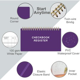 Check Registers for Personal Checkbook - A6 Blank Ledger Transaction Registers for Personal, Check Register Book for Checking and Saving Account, Deposit and Credit Card, 3,75" x 6.75", Purple