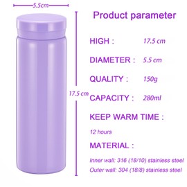 Small Thermos Flasks Stainless Steel - Cute Water Bottle, Vacuum Insulated Bottle for Hot and Cold Drinks (BPA Free, Purple, 280 ml)