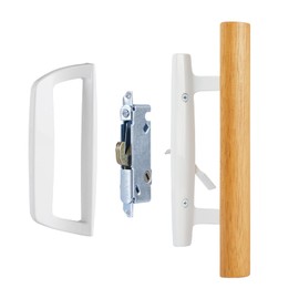 AKRILANE Patio Sliding Glass Door Handle Set | Non-Keyed Mortise Lock with 45° Keyway | 3-15/16" Hole Spacing with Non-keyed Oak Wood Inside Handles and Zinc Diecast Outside Pull (White)