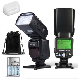 Commander Optics E-TTL Flash Speedlite Bounce/Swivel LED Backlit with 4 Rechargeable AA Batteries for Canon Rebel T7, SL3, 4000D, 850D, 80D, 90D, R, RP, R5, R6, R8, 6D Mark II, 5D Mark IV & More