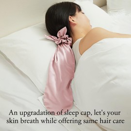 LilySilk 100% Silk Bonnet for Sleeping & Daily Usage, 2-in-1 Silk Bow Hair Ties with Silk Scrunchies for Long and Curly Hair Elastic Adjustable for Women Ladies and Girls Rosy Pink