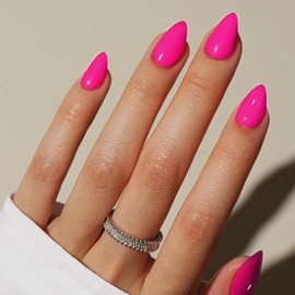 KQueenest Hot Pink Press on Nails Short Almond, Short False Nails with Glue, Vibrant Bright Neon Pink Fake Nails Press ons Stiletto, Glossy Solid, Reusable Soft Gel Stick on Nail for Women, 30 Pcs