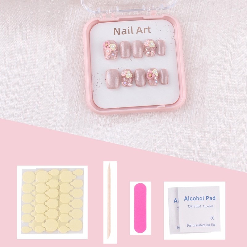 MZCMSL Handmade Nail Tip, Short, Square, Pink, Flowers, Flower Pattern,