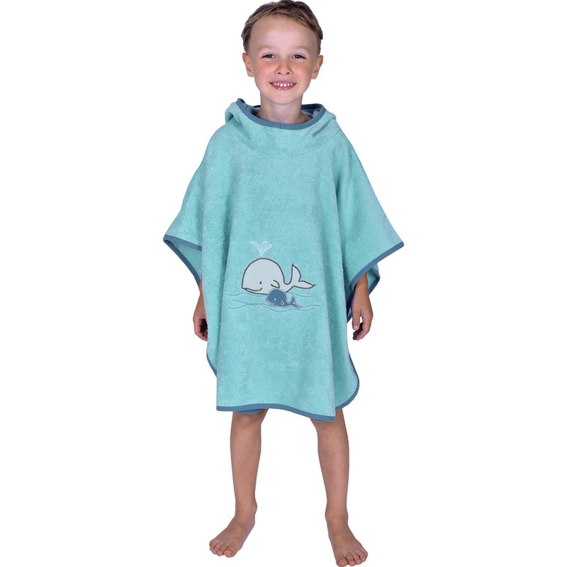 Wörner Organic Children's Poncho "Walfamilie" with Hood Walk-Towelling Light Blue
