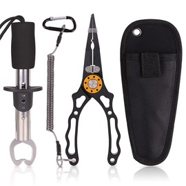 Fishing Pliers, Multi-functional Fishing Equipment, Fishing Pliers, Hook Remover, Split Ring, Line Cutter, Aluminum Alloy, PE Line Cutter, Ultra Lightweight, Portable, Convenient to Carabiner, Storage Bag, Fishing Pliers, Set of 4 (Black)