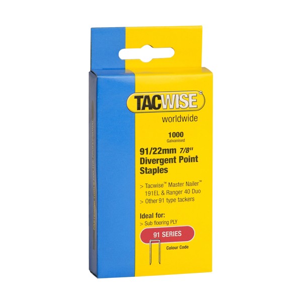 Tacwise 0288 Type 91 / 22 mm Galvanised Narrow Crown Staples, Divergent Point, Pack of 1,000