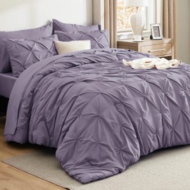 Bedsure Full Comforter Set Grayish Purple - Bed in a Bag Full Size 7 Pieces, GentleSoft™ Pintuck Bed Set Gift for Family, Pinch Pleat Grayish Purple Comforter with Sheets, Pillowcases & Shams