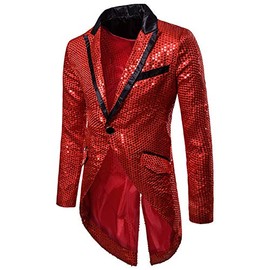 Mens Sequin Tailcoat Swallowtail Suit Jacket Party Show Tux Dress Coat,Red,Large