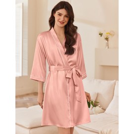 Ekouaer Women's Silk Robe Set V Neck 2 Piece Satin Bathrobes 3/4 Sleeves Bridal Sleepwear Sexy Cami Nightgown