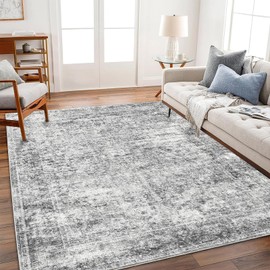 CHAMPLANT Area Rug 6x9 Washable Rug Light Gray Vintage Rug Traditional Floor Cover Thin Rug Retro Kitchen Indoor Distressed Non Slip Carpet Floral Print Mat Living Room Bedroom Dining Room
