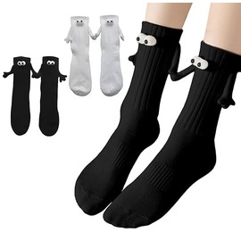 Smilelife 2 Pairs Magnetic Holding Hands Socks Funny Socks Gift For Lovers, Couple, Family, Coworkers, Buddies (Black+White)