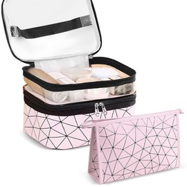 Makeup Bag, 2 PCS Pink Cosmetic Bags, High Volume Bilayer Travel Makeup Bag Can Store Cosmetics Make-up Brushes Eye Shadow Lipstick Toiletries(2 Shapes)