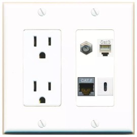 Wall Plate City CAT7 COAX PHONE USBC Port Wall Plate w/Power Outlet White