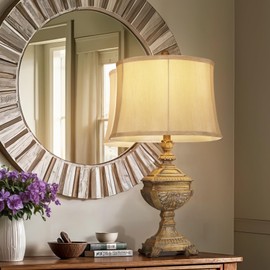 QiMH Resin Table Lamp with Vintage Carving Craft, Farmhouse Retro Rustic Bedside Nightstand Lamp for Living Room Bedroom Home Office Study Entryway(LED Bulb Included)