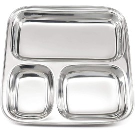 IndiaBigShop Stainless Steel Square Small Dinner Plate with 3 Sections Divided Mess Trays for Kids Lunch, Camping, Events & Every Day Use Kitchenware
