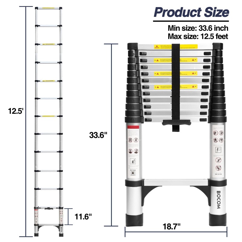 BOCOM 12.5 FT Aluminum Telescoping Ladder, Lightweight Multi-Purpose Collapsible Extension
