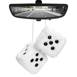 Fuzzy Plush Dice for Car Mirror, 3 Inch Pair of Retro Square Mirror Ornament Soft Dice with Dots, Vintage Couple Pendant Charms Vehicle Interior Hanging Decoration for Women (White)