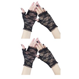 ZOONAI 2 Pairs Lace Gloves for Women Girls, Floral Protection Sunproof Half Finger Gloves Bridal Wedding Party Gloves (A-Black)