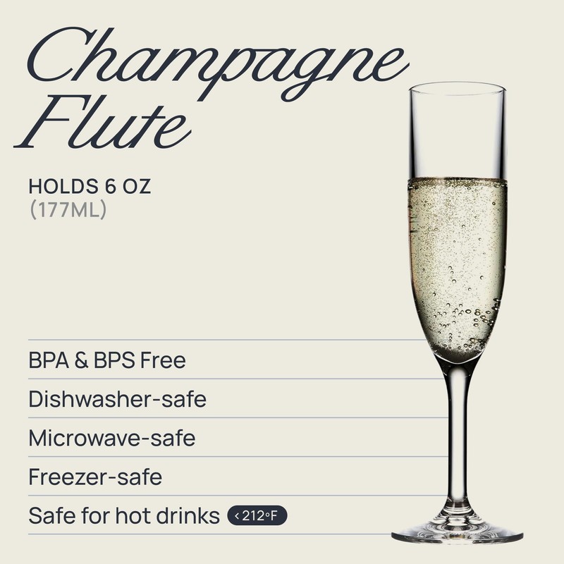 DRINIQUE Unbreakable Champagne Flutes (Set of 4) 6oz Classic Shatterproof,