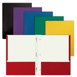 Better Office Products Letter Size Paper Portfolios with Prongs, Case of 50, Assorted Primary Colors, with Fasteners (2 Pocket Paper Folders with Brads)