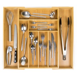 budu Silverware Drawer Organizer #19.7" Depth – Utensil Holder, Kitchen Drawer Organizers for Flatware – Perfect Utensil Organizer - Bamboo Silverware Drawer Organizer - Expandable Drawer Organizer