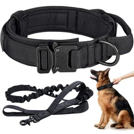 Tactical Dog Collar and Leash Set Adjustable Nylon Military Dog Collar with Control Handle Heavy Duty Metal Buckle and Bungee Leash for Dog Training (Medium, Black)