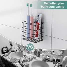 Oasiteege Adhesive Toothbrush Holder Wall Mounted, Suction Toothpaste Organizer Cup for Shower, Razor Holder Caddy Tray Storage Stand with Drainage, Black Restroom Bathroom Accessories and Decor